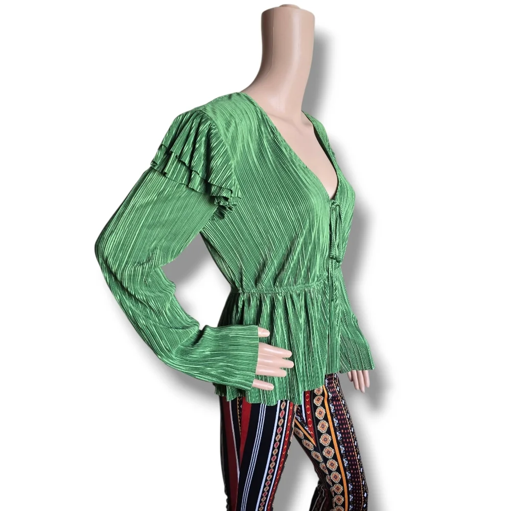Zara Green Pleated Short Sleeve Blouse - Picture 11 of 16